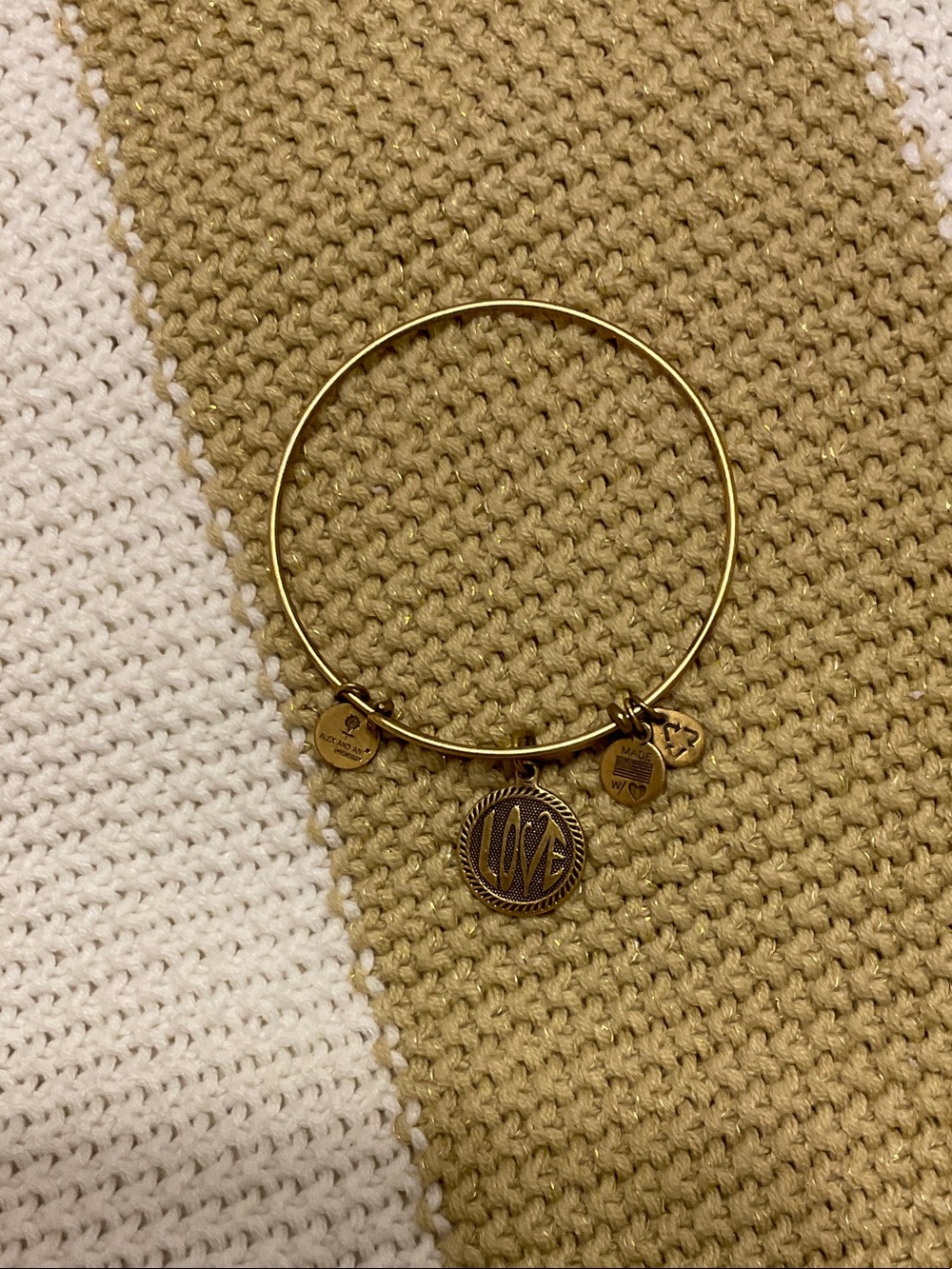 Alex and Ani gold love Charm Bangle Bracelet with Monogram charm